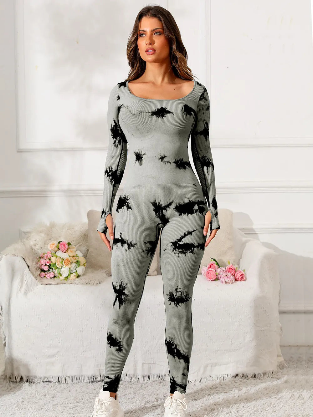 Trendsi premium fitness jumpsuit in gray tie-dye design, perfect for workouts and casual wear