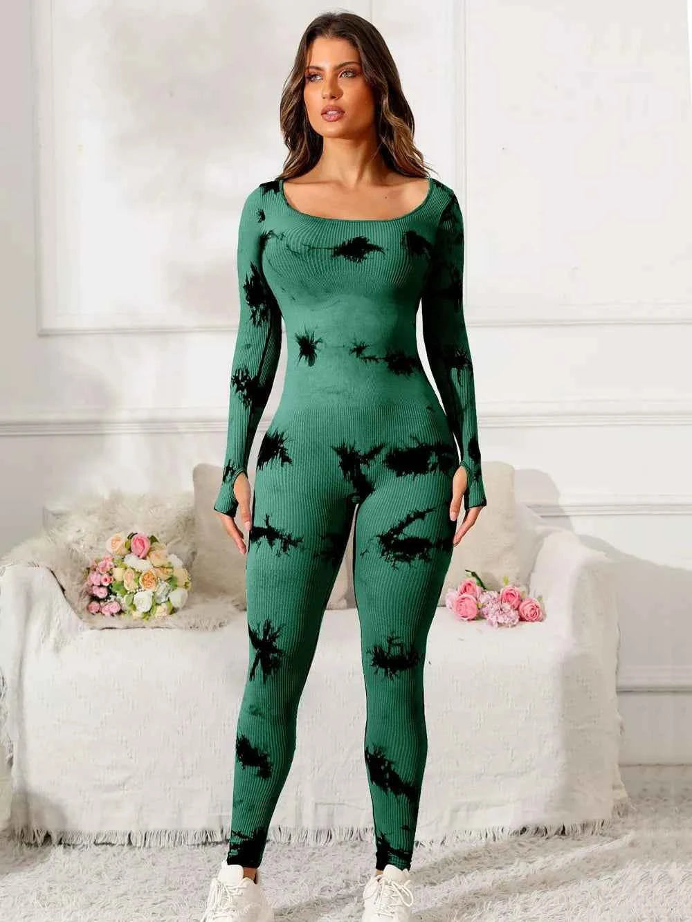Trendsi premium fitness jumpsuit in green tie-dye design with a flattering fit for active wear