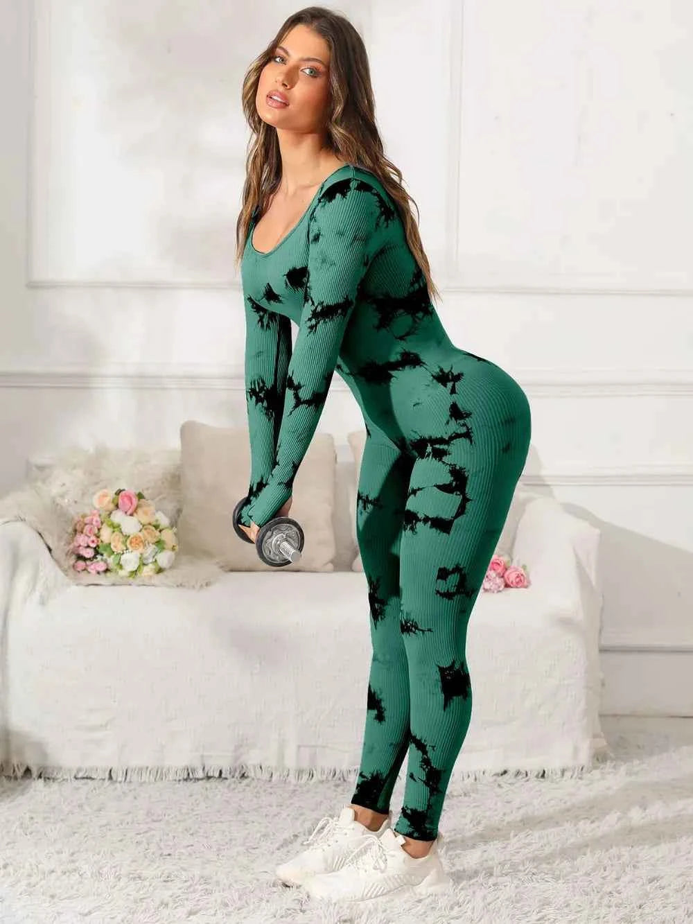 Trendsi premium fitness jumpsuit in green tie-dye style, perfect for workouts and casual wear