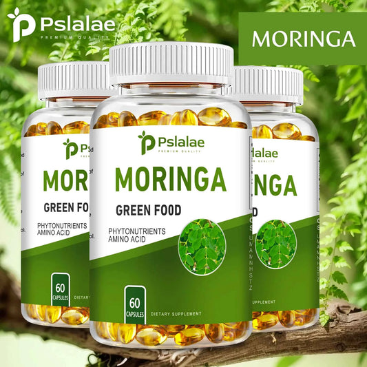 Moringa capsules for digestion in a clear bottle with green labels offering health benefits