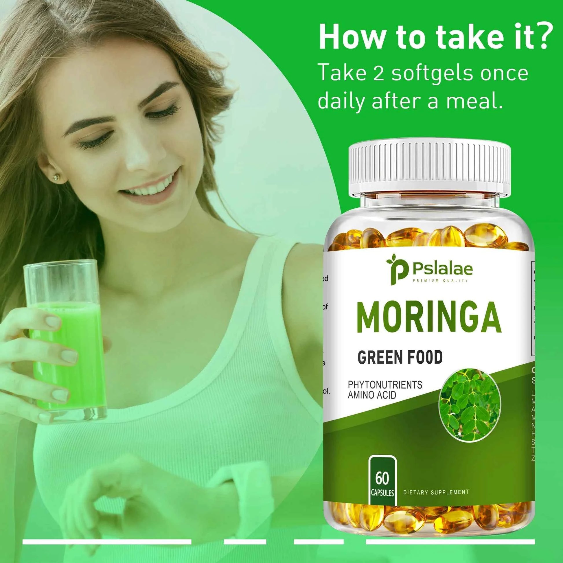 Moringa capsules for digestion in a bottle with a smiling woman holding a green drink