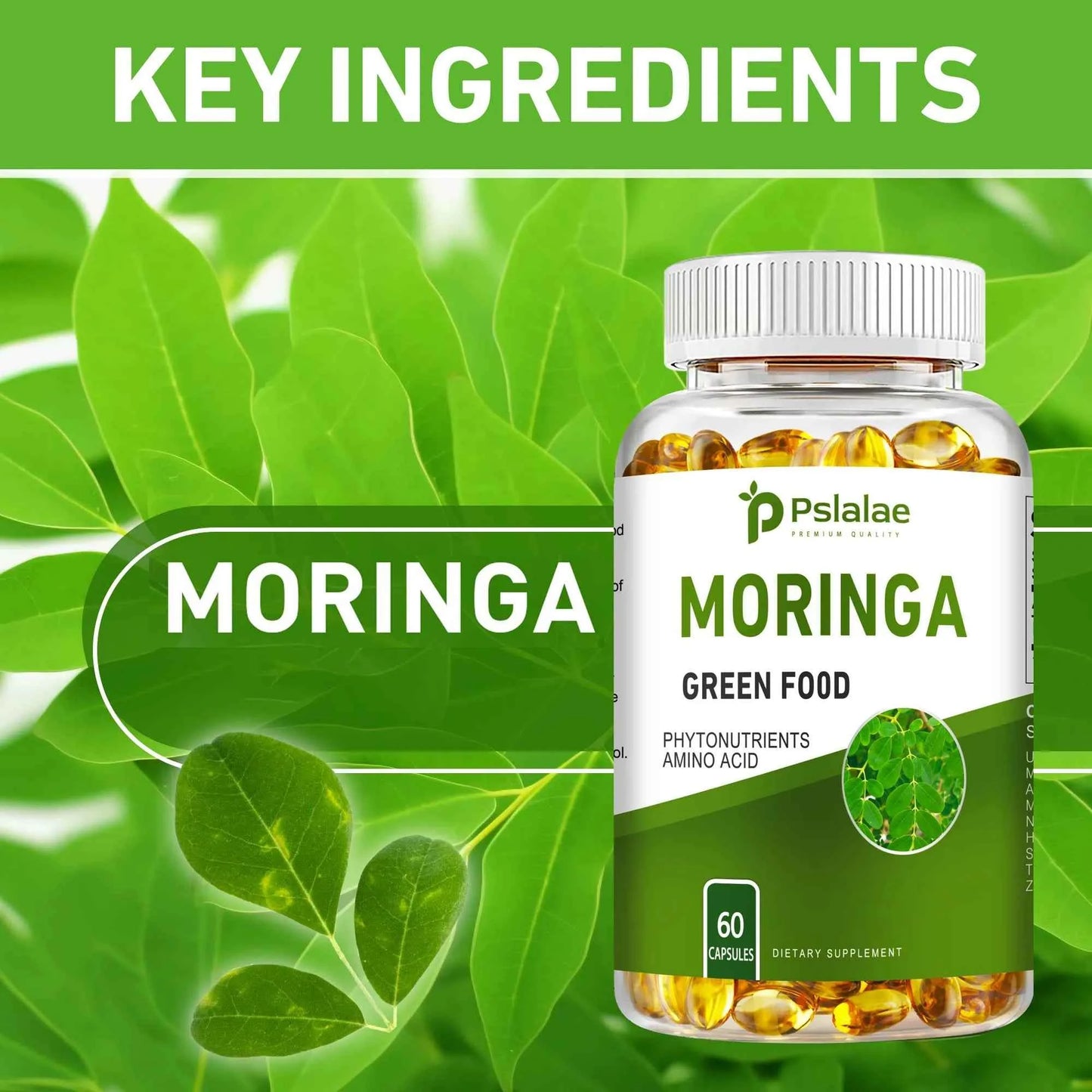 Moringa capsules for digestion in a bottle with 60 capsules and green leaf background