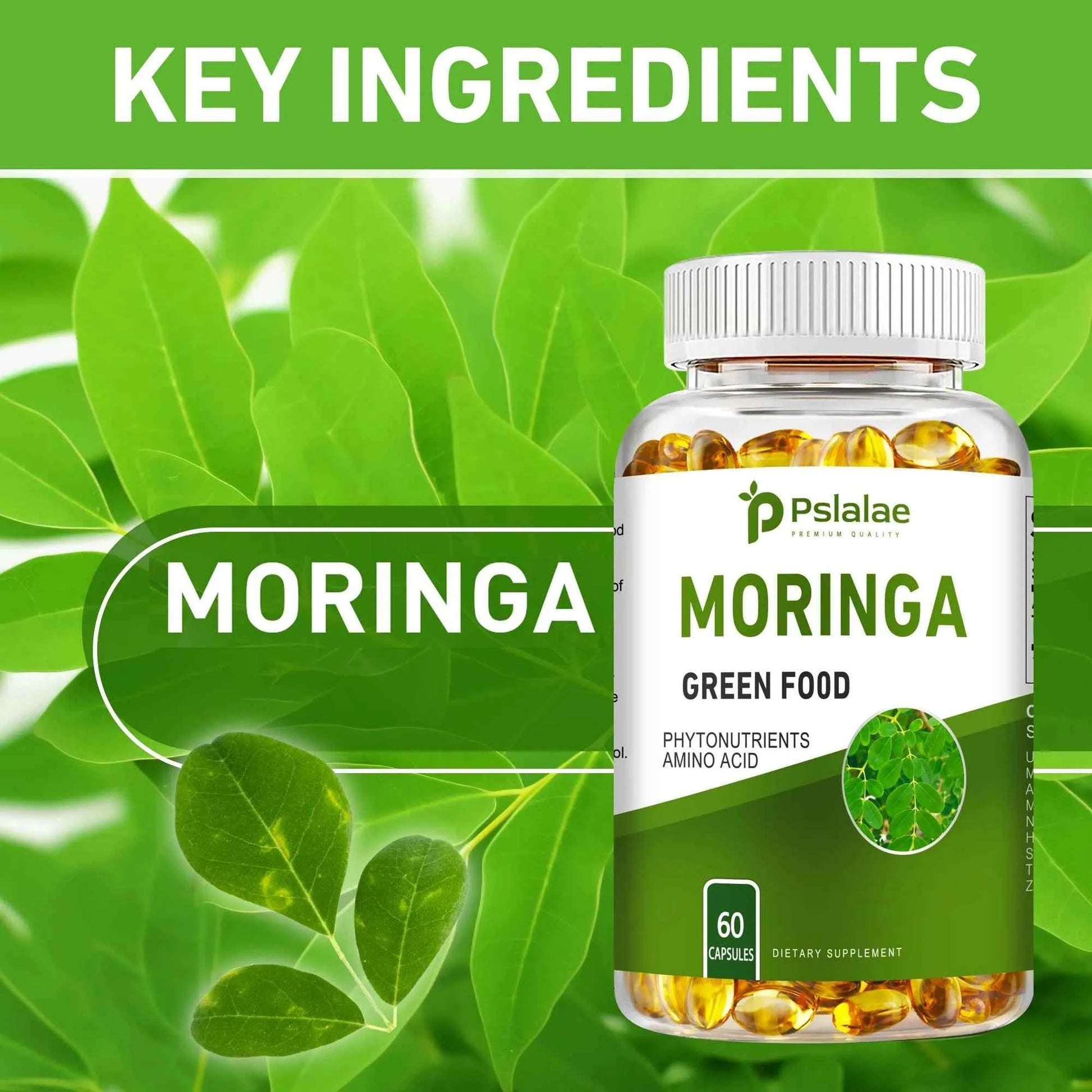 Moringa capsules for digestion in a bottle with 60 capsules and green leaf background