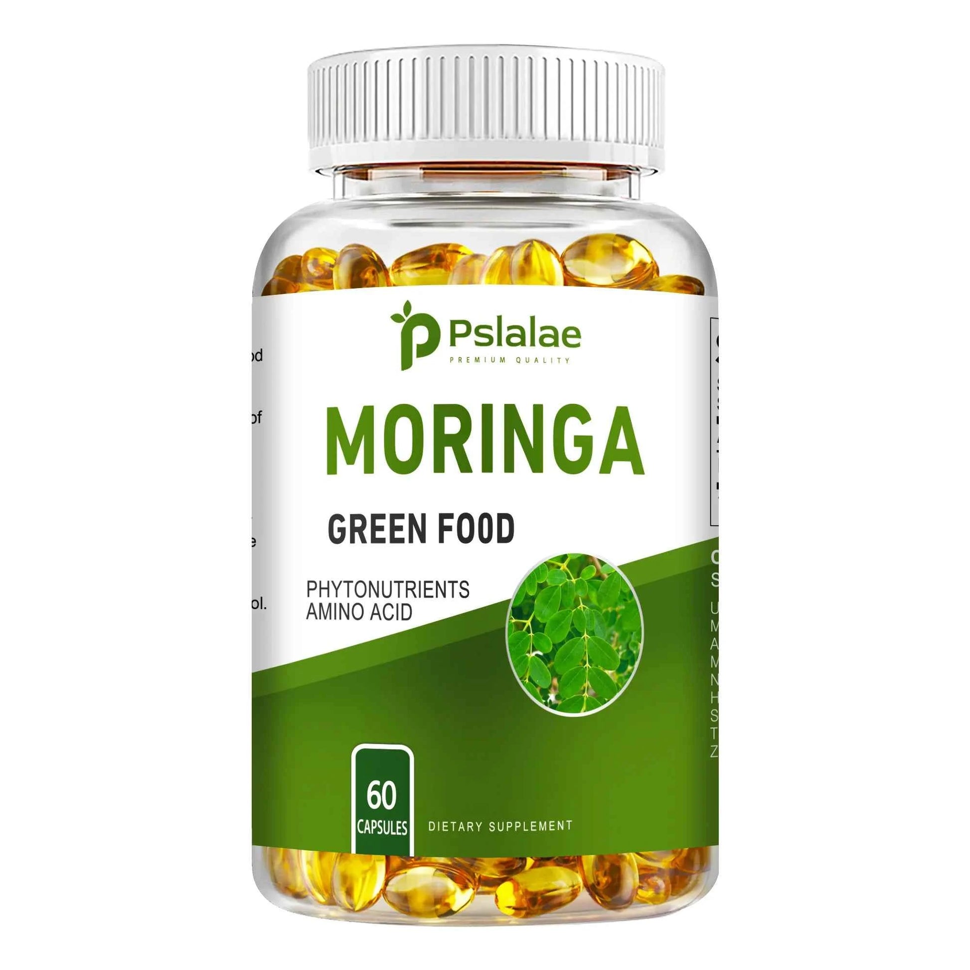 Moringa capsules for digestion in a clear bottle with 60 dietary supplement capsules