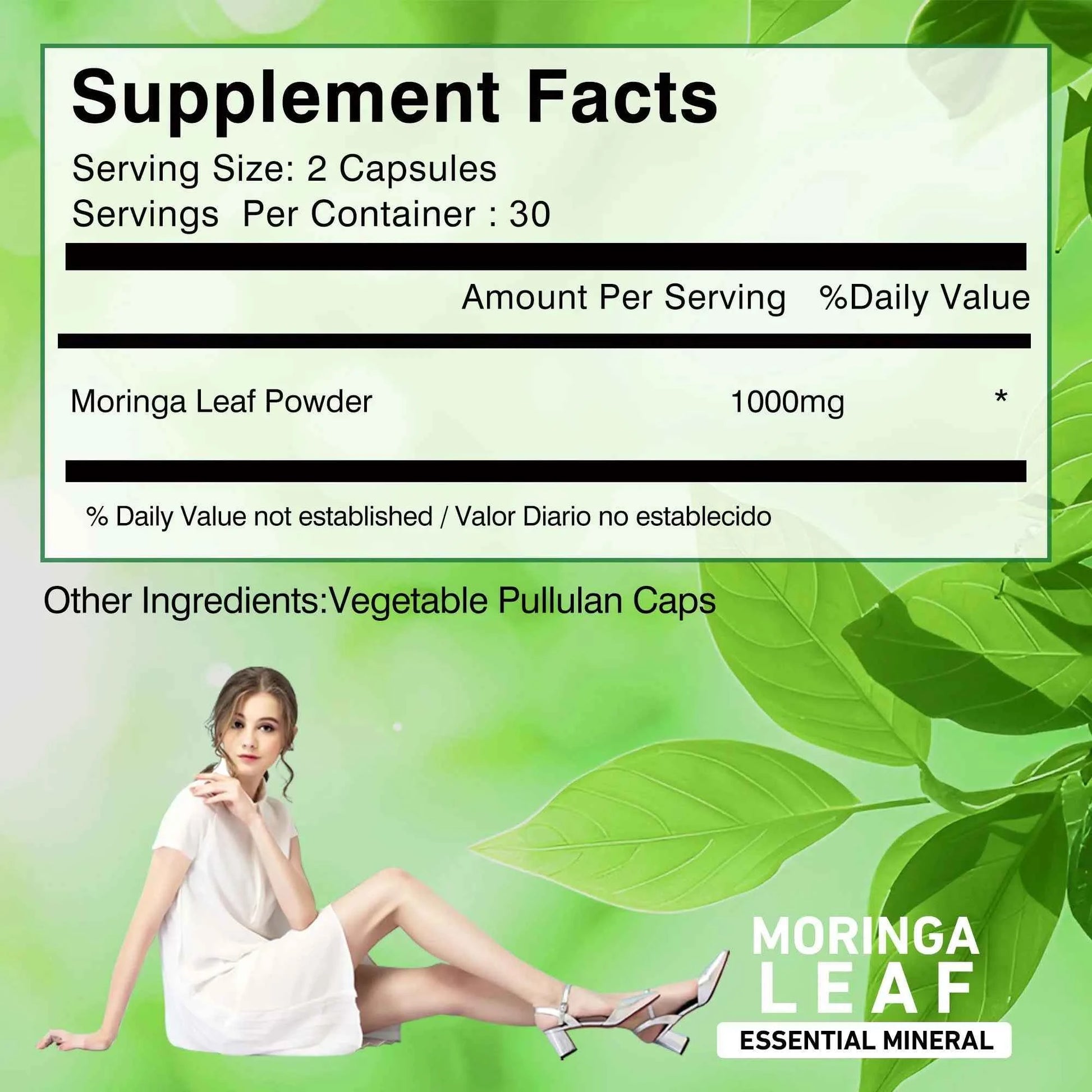Moringa capsules for digestion with supplement facts featuring 1000mg of Moringa leaf powder