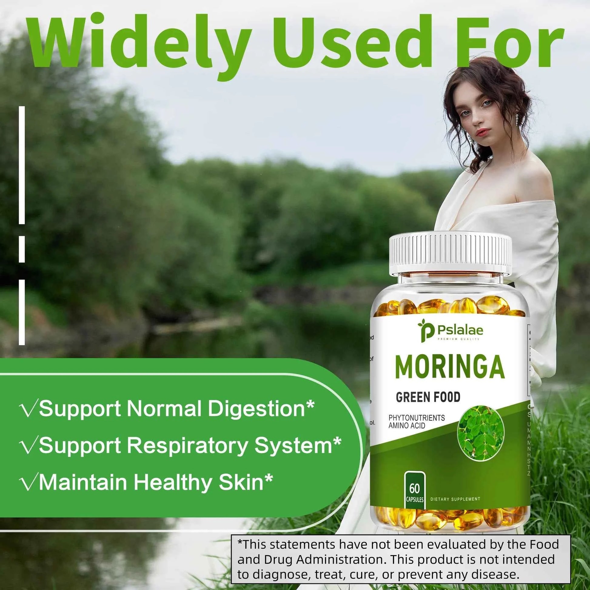 Moringa capsules for digestion in a bottle with a woman in nature, promoting health benefits