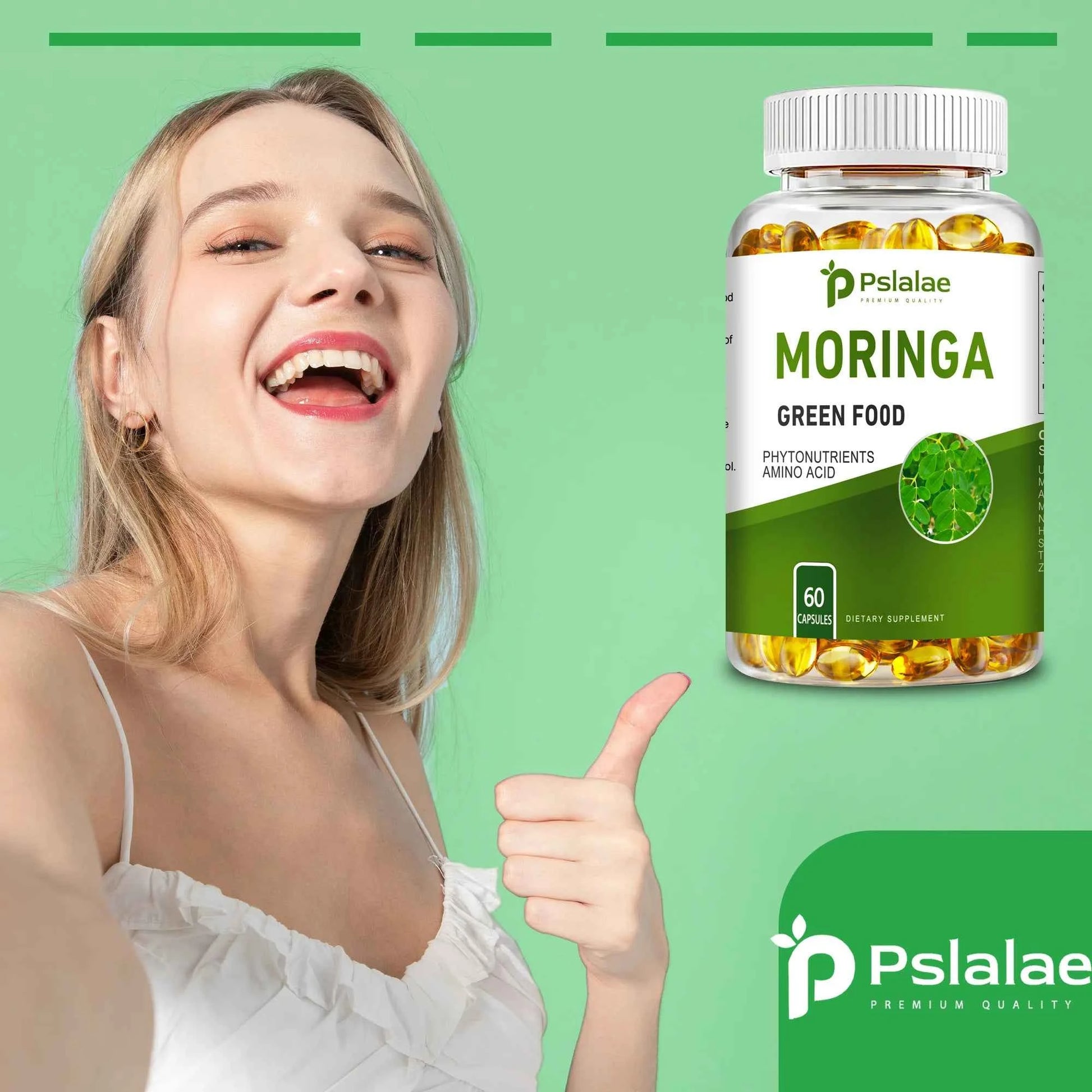 Moringa capsules for digestion in a bottle with a woman smiling and giving a thumbs up