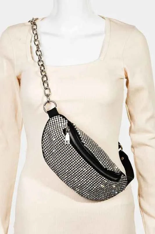 Stylish rhinestone crossbody bag with a chic chain strap, perfect for adding flair to any outfit