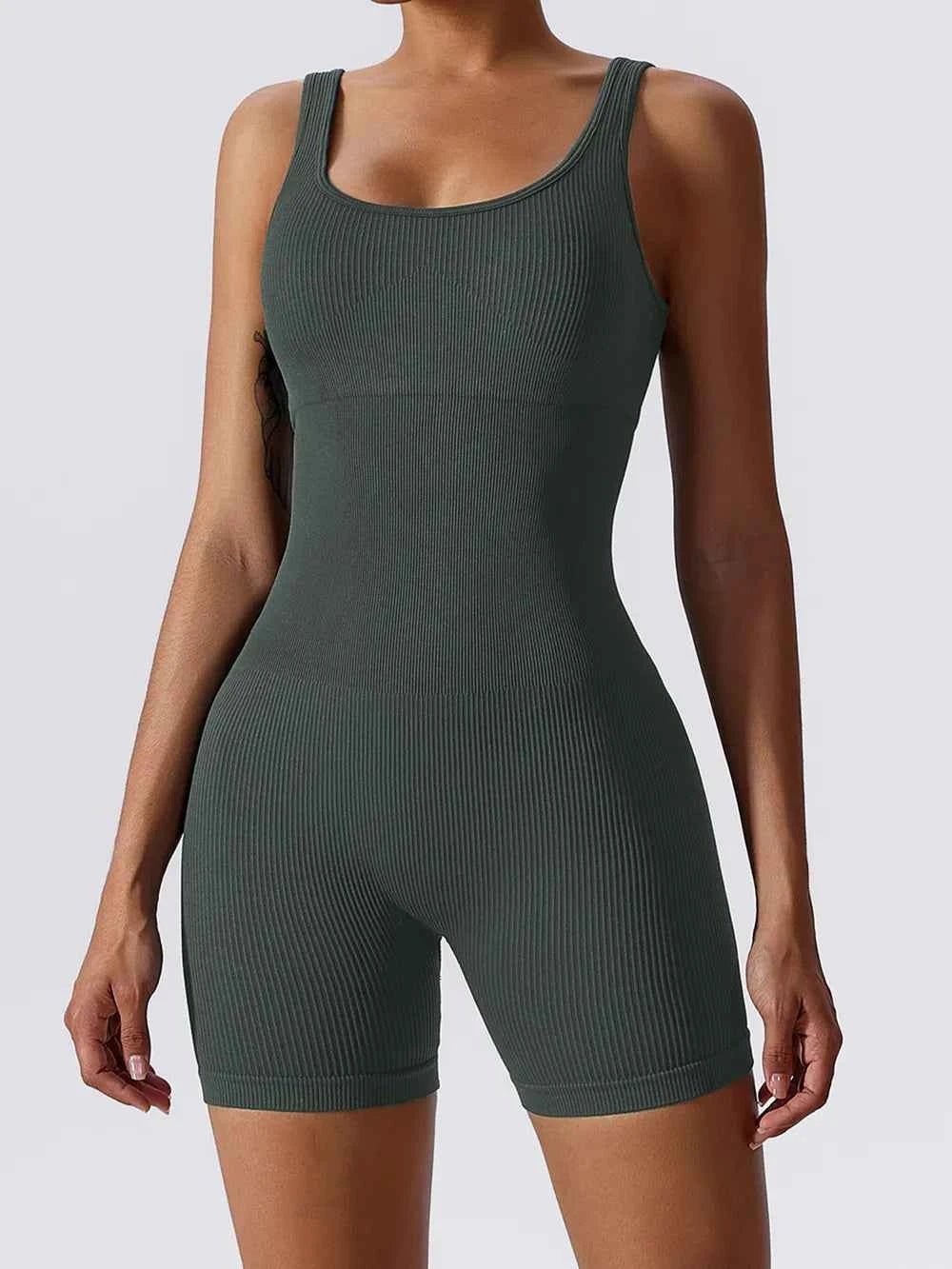 Trendsi ribbed sleeveless romper in dark green for a stylish and comfortable look