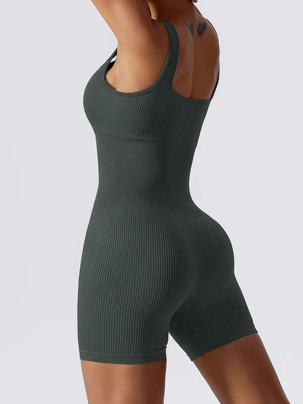 Trendsi ribbed sleeveless romper in dark green, featuring a fitted design and comfortable fabric