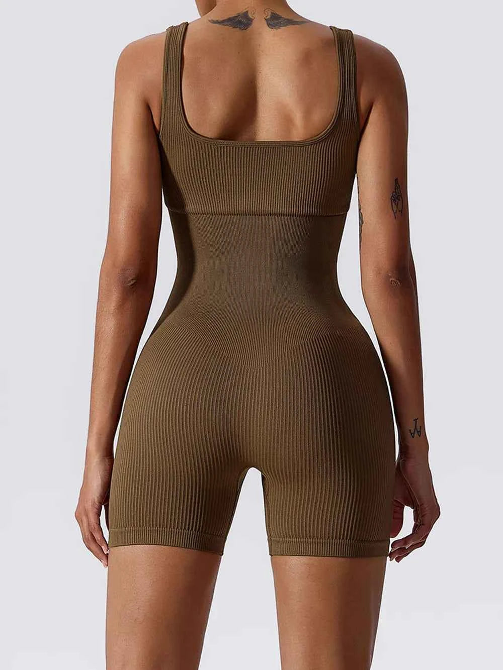Trendsi ribbed sleeveless romper in olive green, featuring a fitted design and smooth fabric for a casual look.