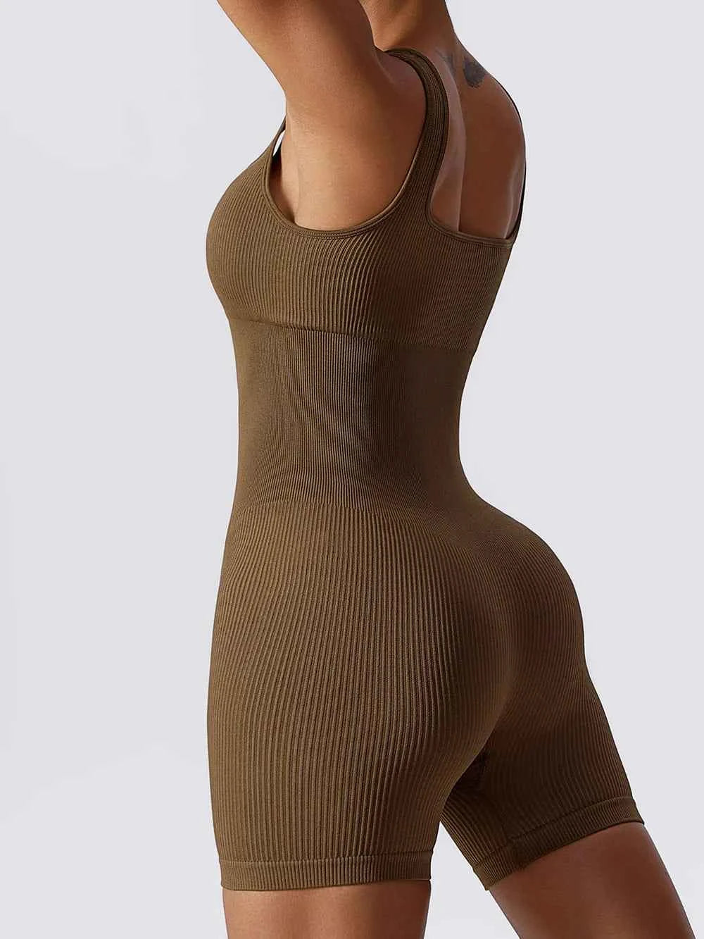 Trendsi ribbed sleeveless romper in earthy tone, showcasing a sleek and fitted design