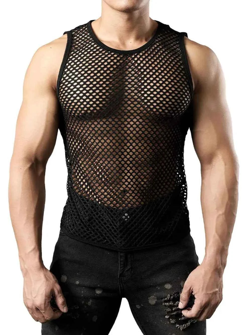 Men's black round neck mesh tank top with a stylish see-through design for a bold look