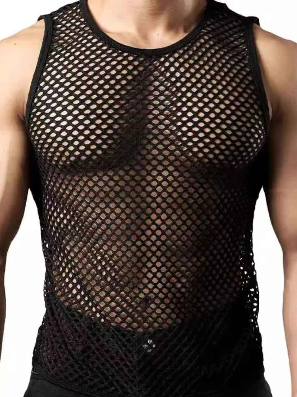 Men's black round neck mesh tank top designed for a stylish and breathable look