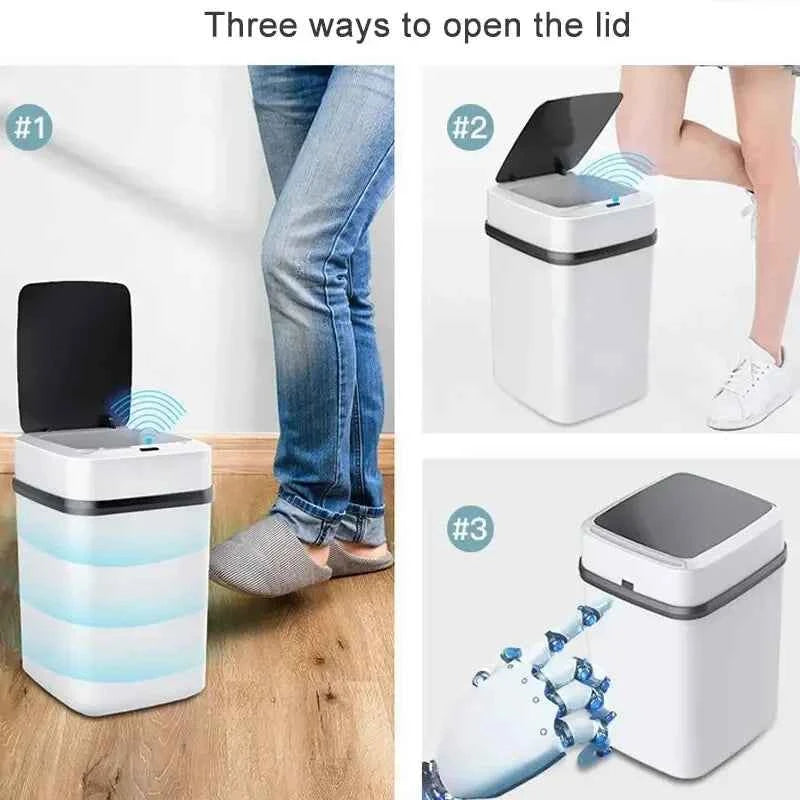 Smart kitchen trash can with three opening methods: foot sensor, hand wave, and button for convenience