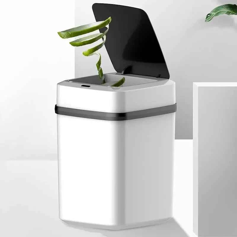 Smart kitchen trash can with a sleek design and automatic lid for easy waste disposal