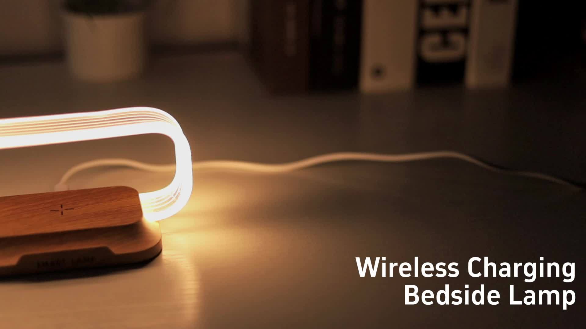 10W wireless charging lamp with modern design and wooden base for convenient bedside lighting