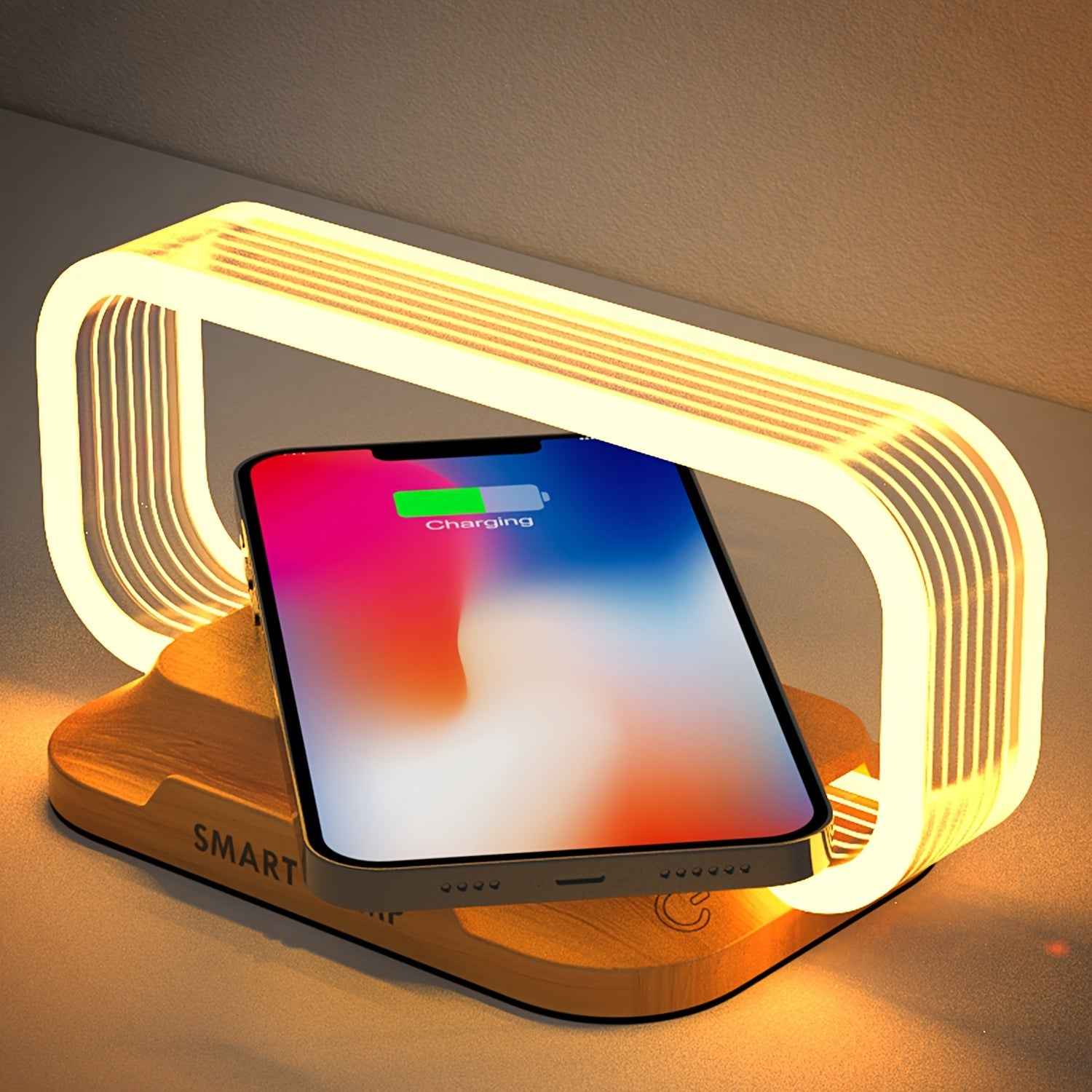 10W wireless charging lamp with a sleek design, illuminating while charging your device smoothly.