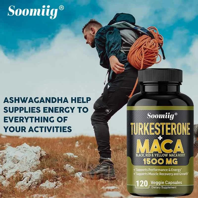 Men's performance supplements featuring Turkesterone and Maca root for energy and muscle recovery.