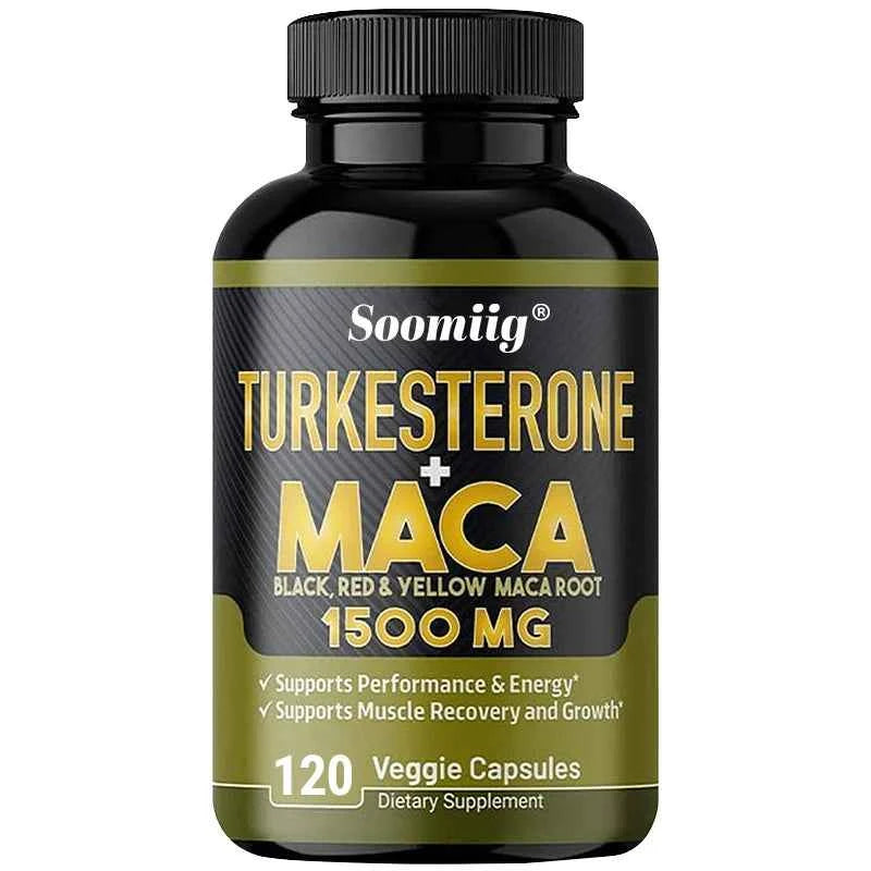 Soomiig Turkesterone and Maca 1500 mg Men's Performance Supplements in a bottle with 120 veggie capsules