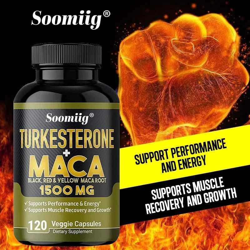Soomiig Turkesterone + Maca 1500 mg Men's Performance Supplements in a black bottle with 120 veggie capsules