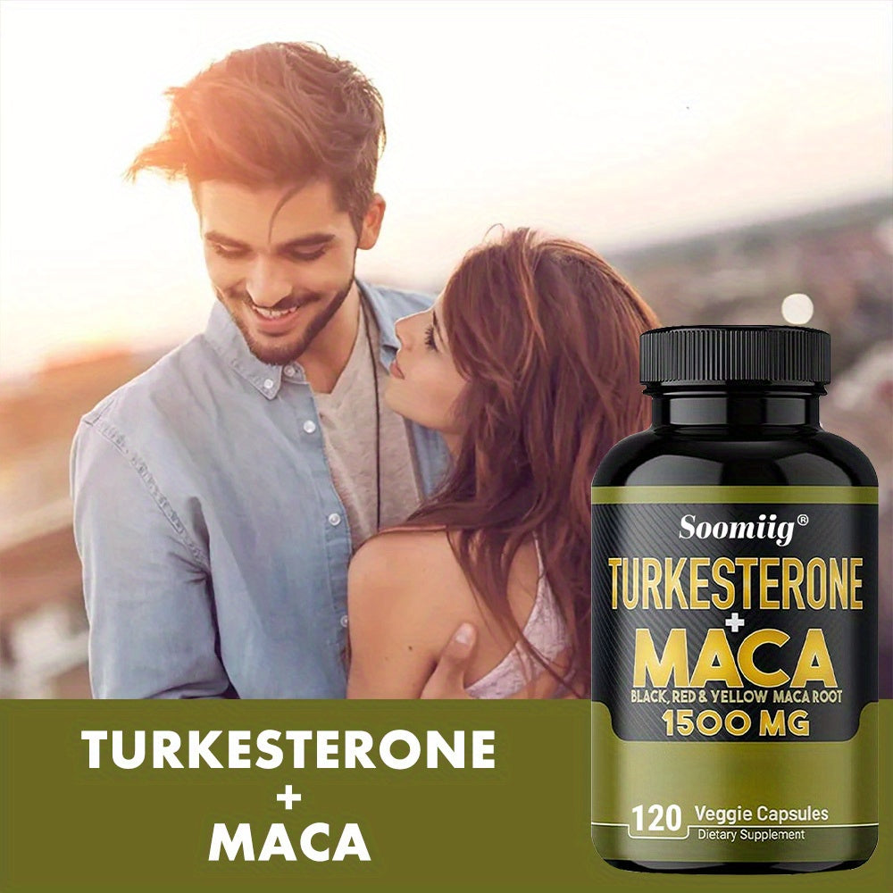 Turkesterone supplement 1000mg with maca root in a black bottle and happy couple in the background