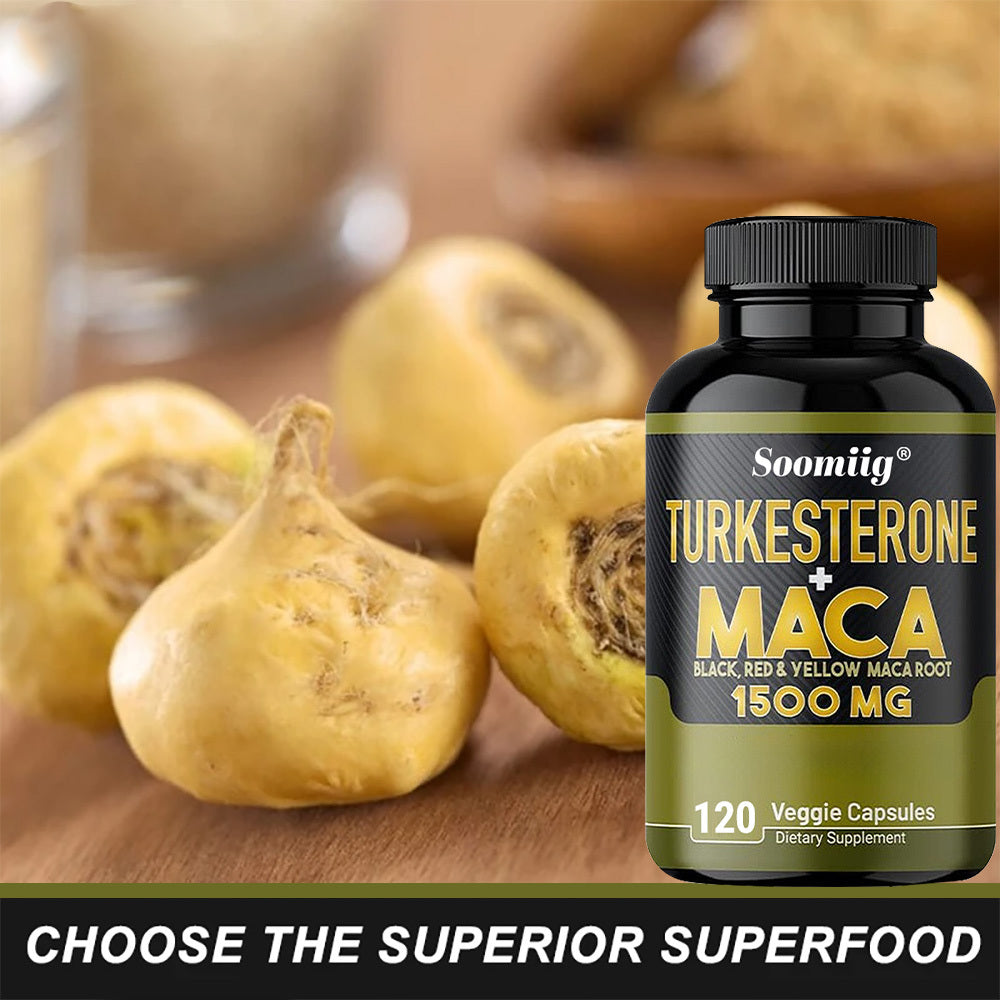 Soomiig Turkesterone supplement 1000mg with maca root in a bottle alongside maca roots