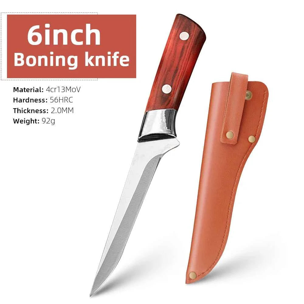 6 inch stainless steel boning knife with wooden handle and protective leather sheath