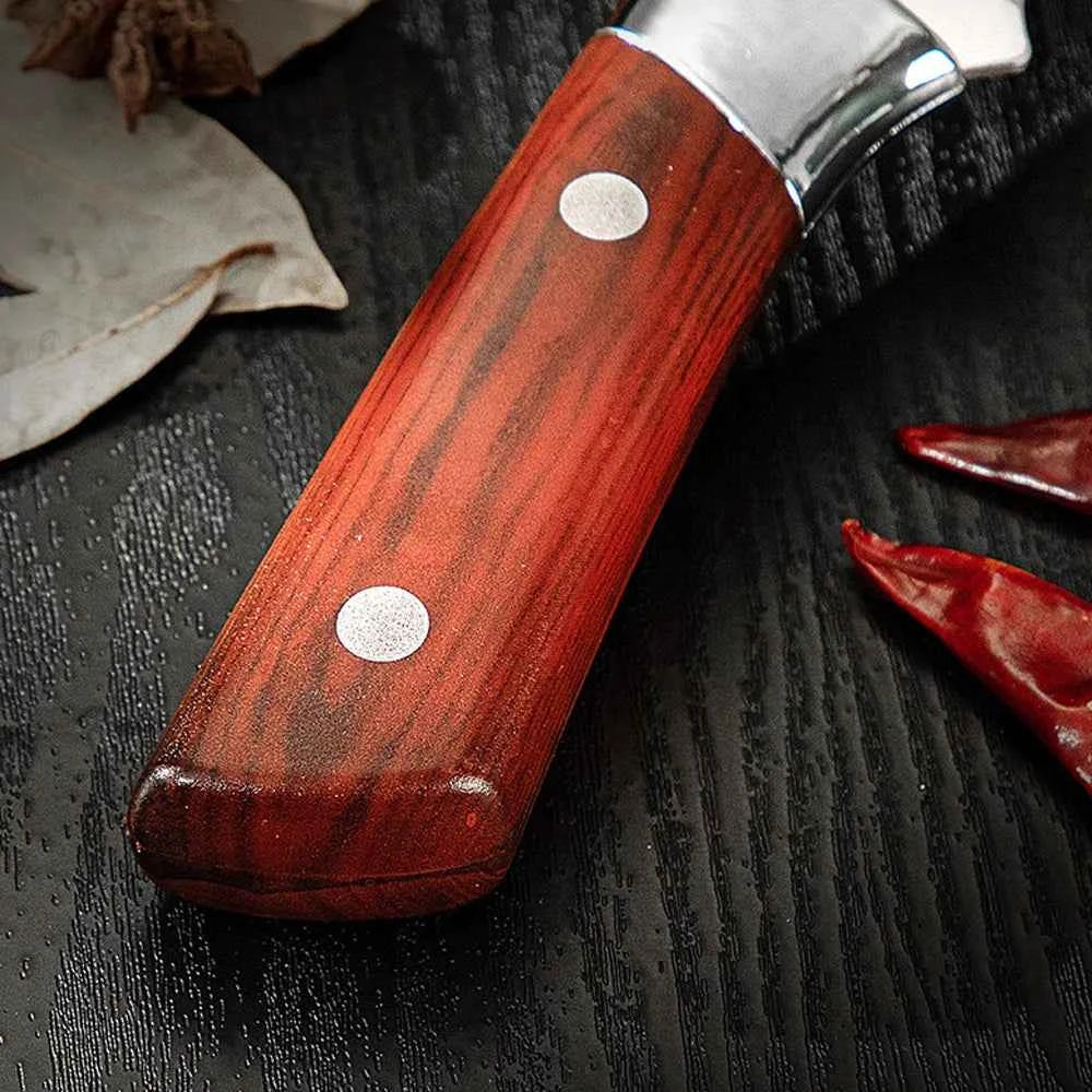 Stainless steel boning knife with a smooth wooden handle for precise trimming and cutting