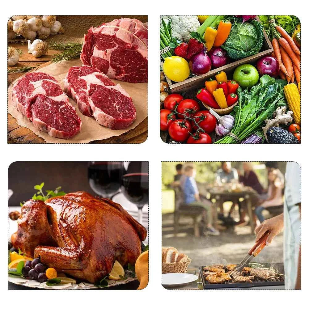 Stainless steel boning knife on a wooden cutting board surrounded by meats and vegetables