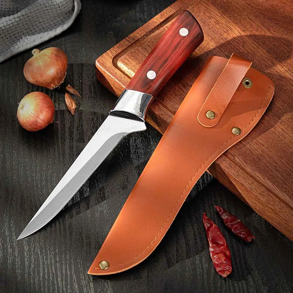 My Store stainless steel boning knife with a wooden handle and leather sheath on a cutting board