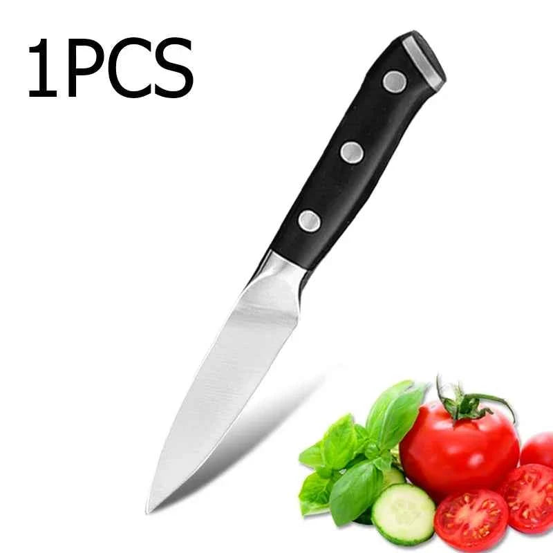 Stainless steel paring knife with a black handle and stainless blade, perfect for culinary tasks.