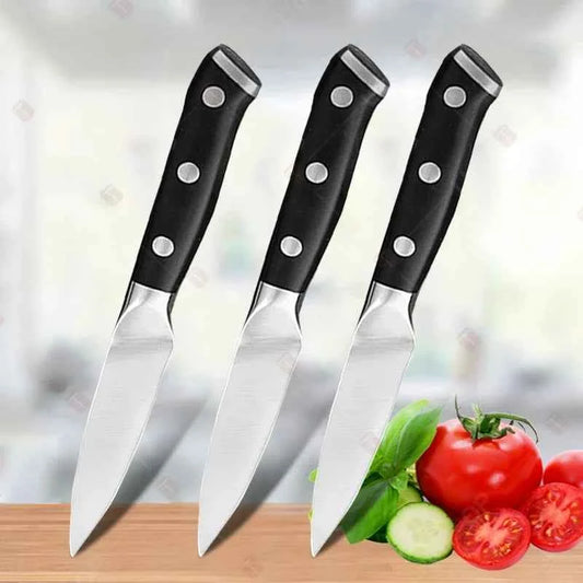 Set of three stainless steel paring knives with ergonomic black handles for precise cutting