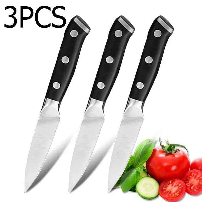 Set of 3 stainless steel paring knives with ergonomic black handles and versatile blades for precision cutting