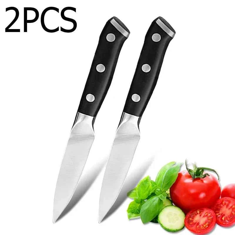 Set of 2 stainless steel paring knives with ergonomic black handles for precision cutting
