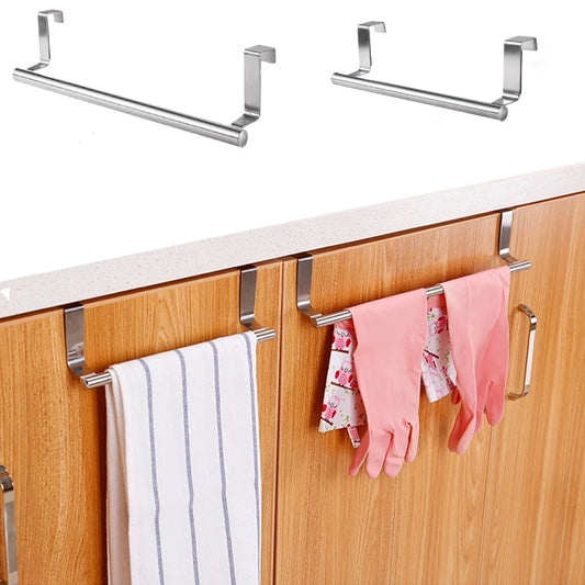 Two durable stainless steel towel bars mounted on a wooden surface, perfect for kitchen towels and gloves
