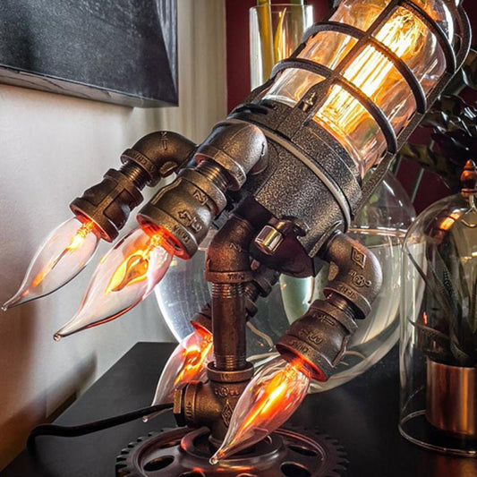 Steampunk rocket lamp decor featuring intricate piping and glowing vintage-style bulbs for unique home lighting