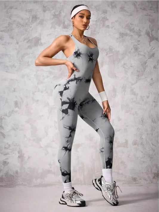 Trendsi stylish athletic jumpsuit in gray with elegant tie-dye design, perfect for workouts and casual outings