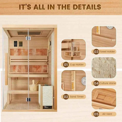Traditional Steam Sauna with 2300W Stove Heater,Wood Sauna Room with 2 Himalayan Salt Bricks 2-4 Person Luxurious Indoor Sauna