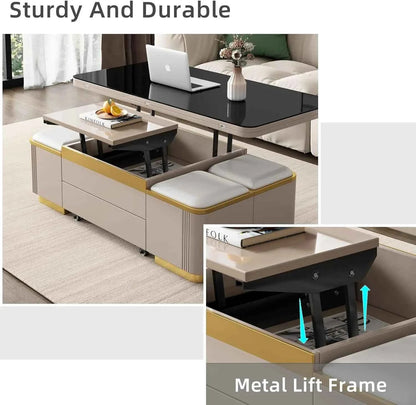 Unique Pull Out Lift Top Coffee Table, Hidden Compartment and Tempered Glass Surface for Living Room, Height Adjustable
