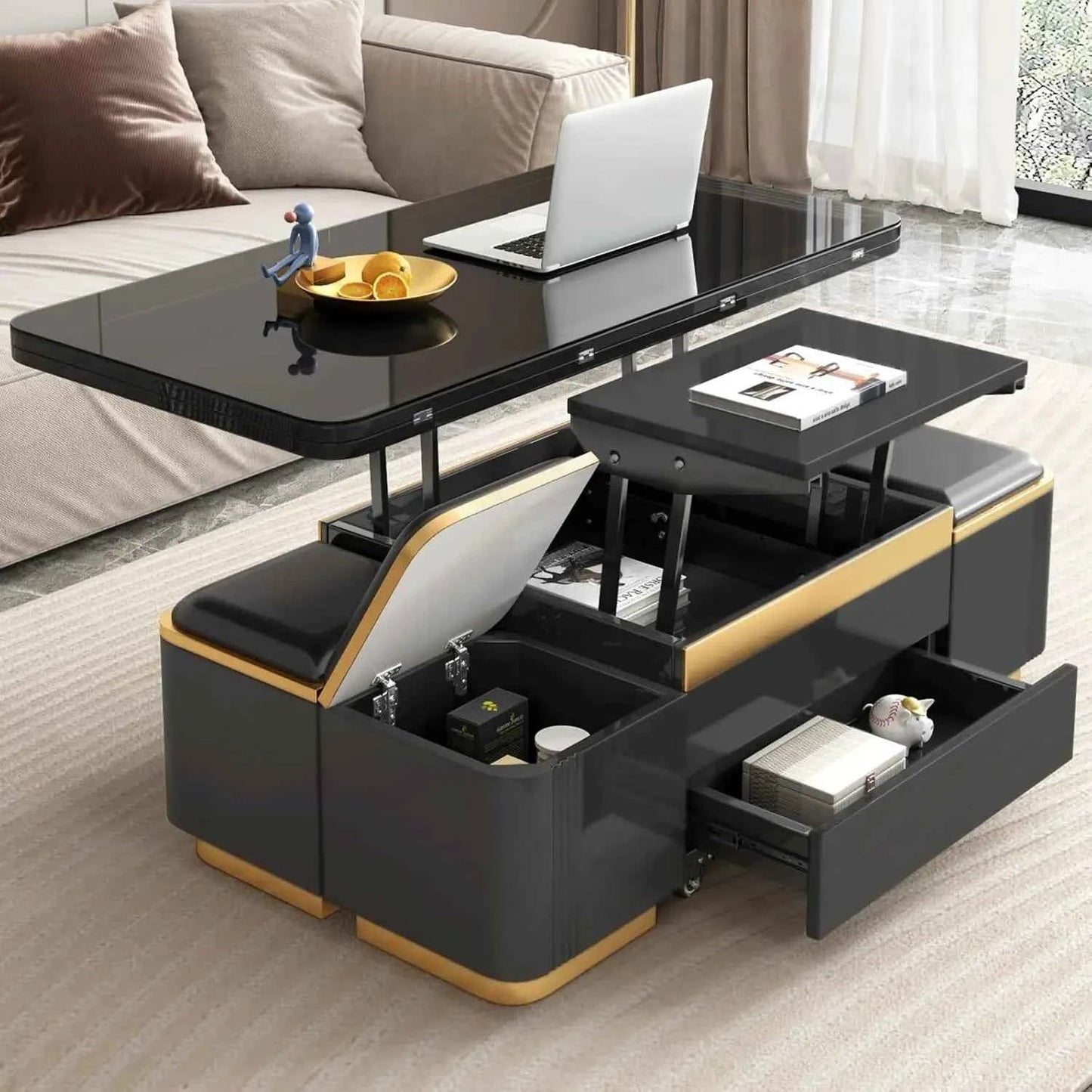 Unique Pull Out Lift Top Coffee Table, Hidden Compartment and Tempered Glass Surface for Living Room, Height Adjustable United States Black