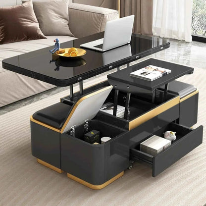 Unique Pull Out Lift Top Coffee Table, Hidden Compartment and Tempered Glass Surface for Living Room, Height Adjustable United States Black