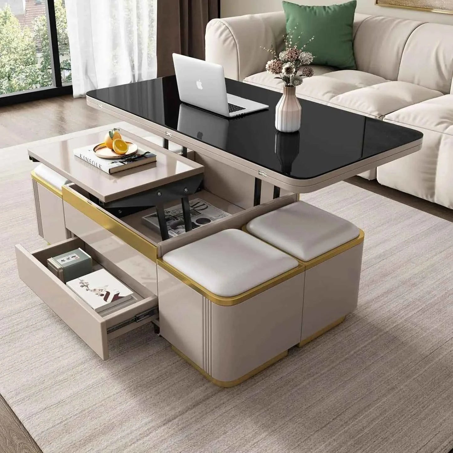 Unique Pull Out Lift Top Coffee Table, Hidden Compartment and Tempered Glass Surface for Living Room, Height Adjustable