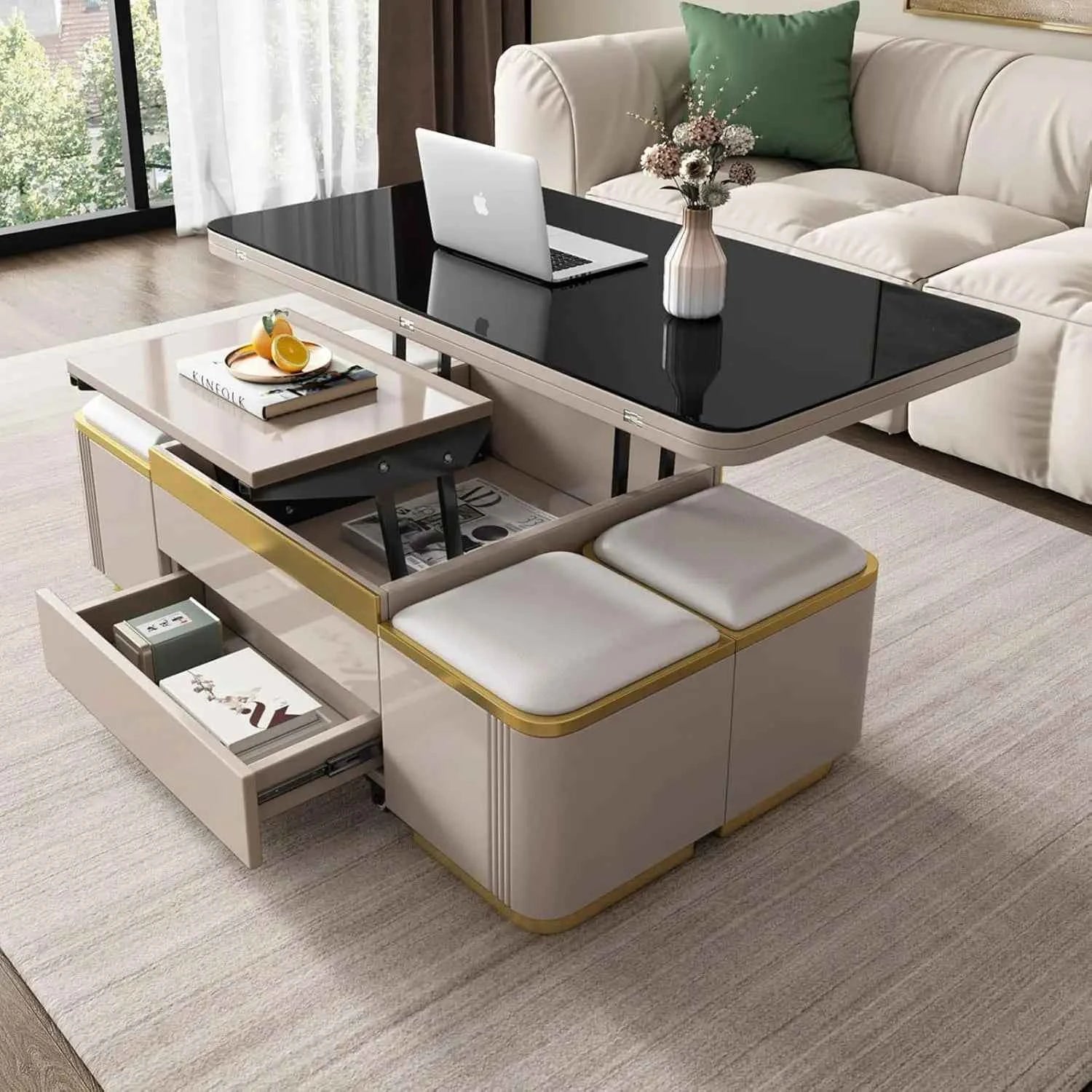Unique Pull Out Lift Top Coffee Table, Hidden Compartment and Tempered Glass Surface for Living Room, Height Adjustable
