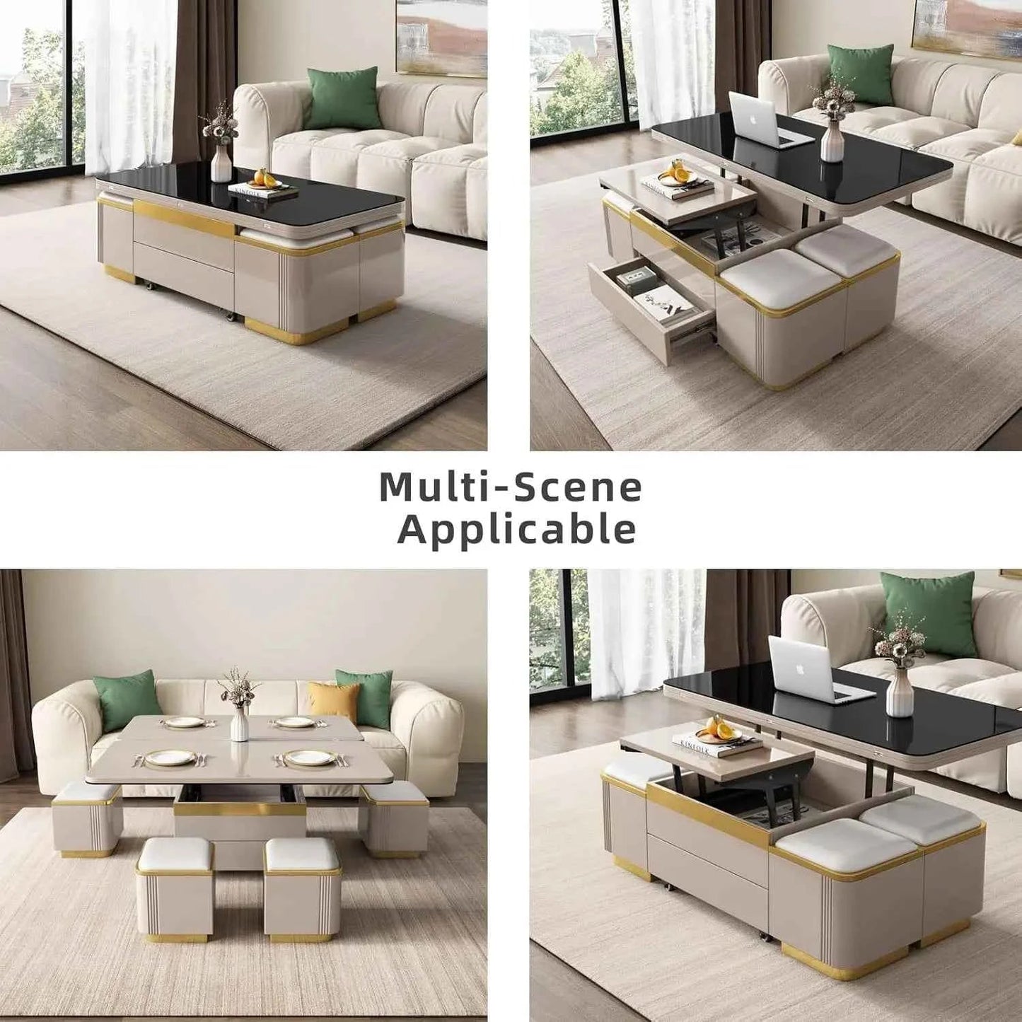 Unique Pull Out Lift Top Coffee Table, Hidden Compartment and Tempered Glass Surface for Living Room, Height Adjustable