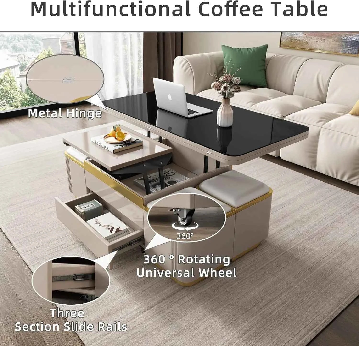 Unique Pull Out Lift Top Coffee Table, Hidden Compartment and Tempered Glass Surface for Living Room, Height Adjustable
