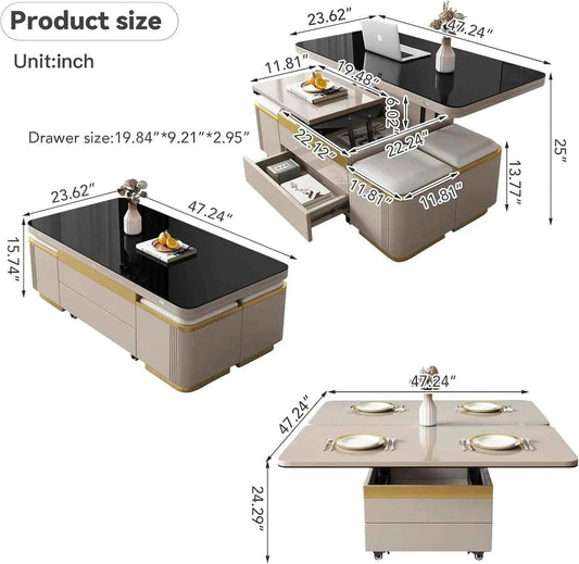 Unique Pull Out Lift Top Coffee Table, Hidden Compartment and Tempered Glass Surface for Living Room, Height Adjustable