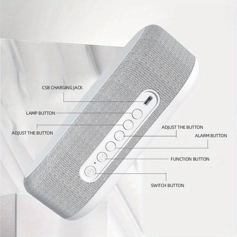 Wireless charging dock with alarm clock featuring multiple buttons for easy adjustments and functions