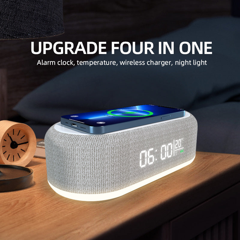 Wireless charging dock with alarm clock featuring temperature display and night light function