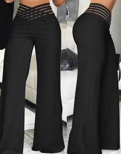 Flare & Flair Women's High Waist Wide Leg Trousers - Elegant, Sheer Mesh Design black